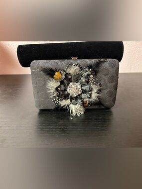 Feather Collection Wallet Clutch Rhinestone Flower Feather Detail Black